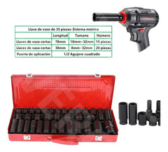 Juego de Dados de Impacto 35 Piezas – 1/2″ CRV para Coche y Moto