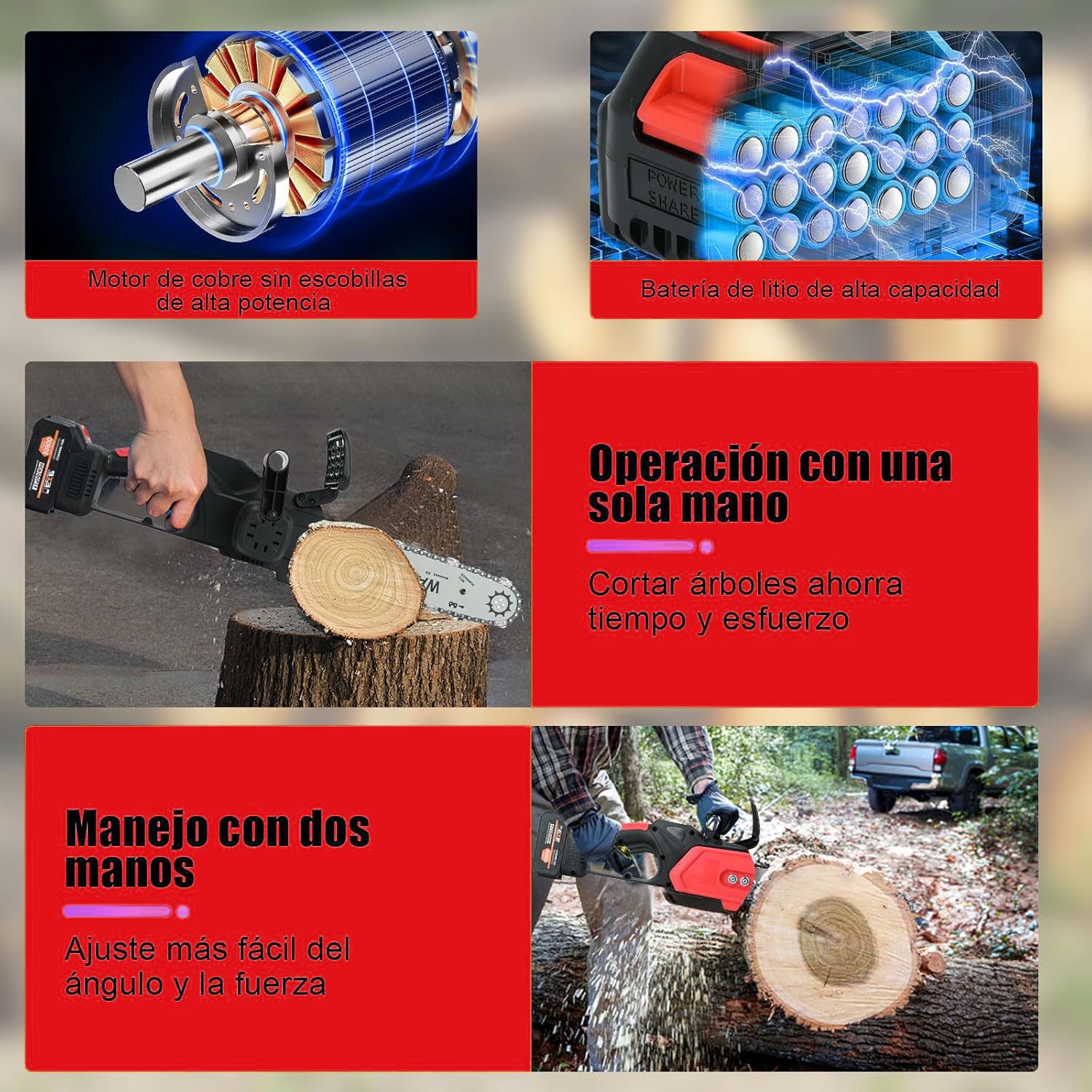Motosierra Eléctrica 21V sin Escobillas – 12 Pulgadas con Doble Batería 4.0Ah