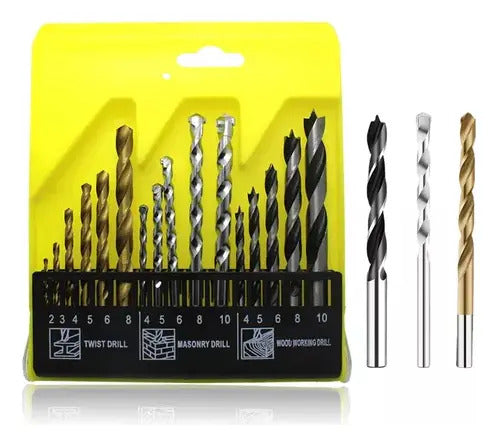 Juego de 16 Brocas Multimaterial – HSS Titanio, Carburo y Acero para Madera