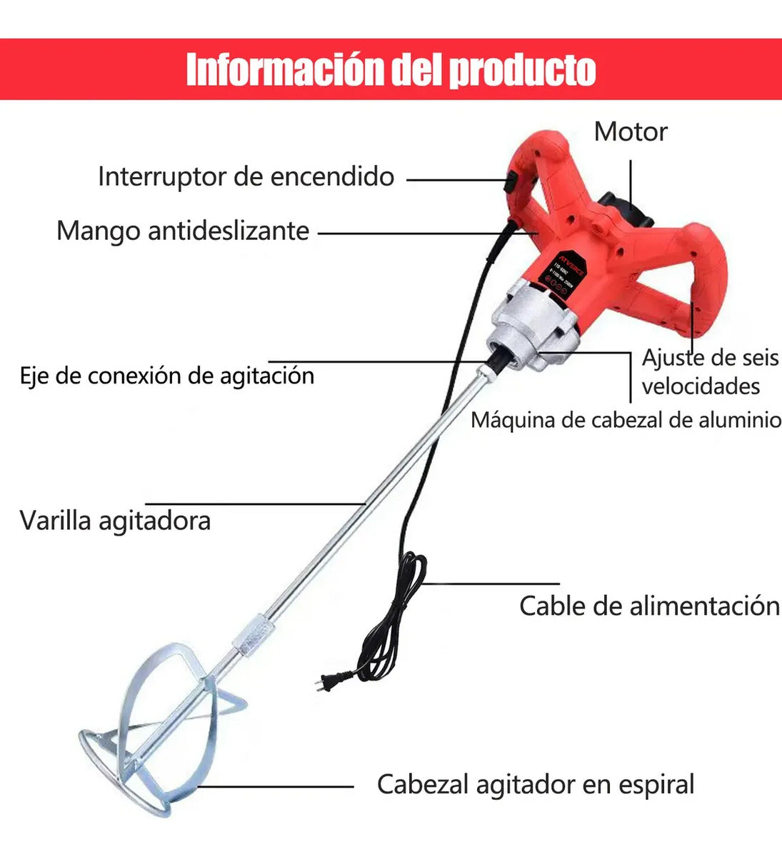 Batidora Eléctrica 2500W – 6 Velocidades, 1100 RPM para Cemento y Pintura