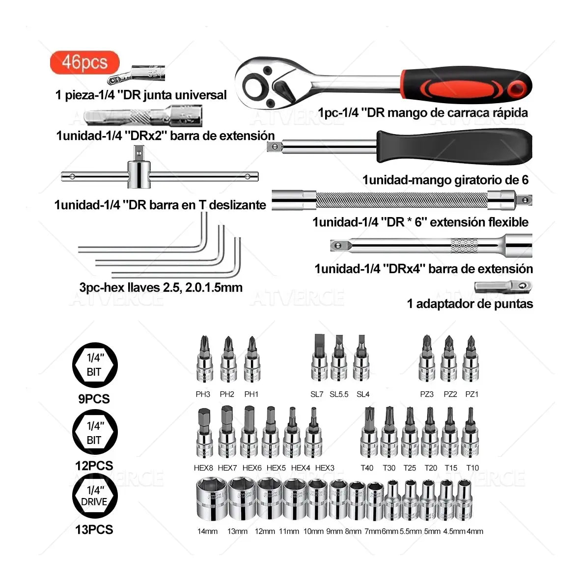 Juego de Herramientas 46 Piezas 1/4" con Carraca | Acero Cr-V Profesional | Kit Mecánico Automotriz Portátil