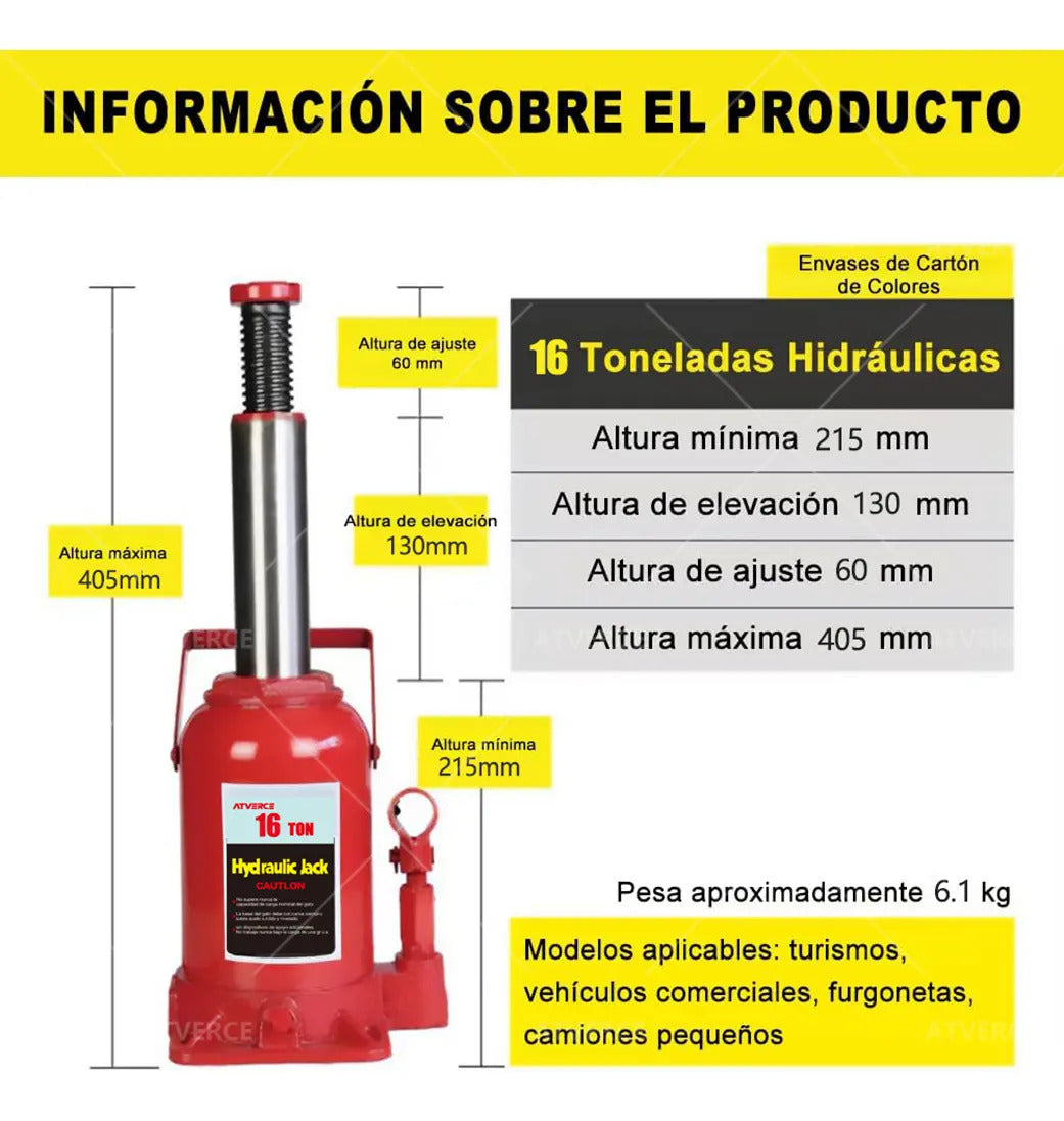 Gato Hidráulico Vertical 16 Toneladas – Elevación 215‑405 mm para Camiones y SUVs