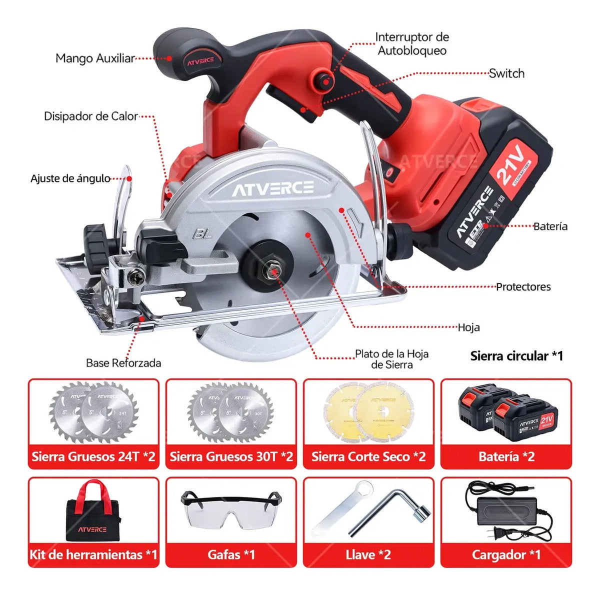 Sierra Circular Inalámbrica 21V sin Escobillas – 6800 RPM con Doble Batería 3.0Ah