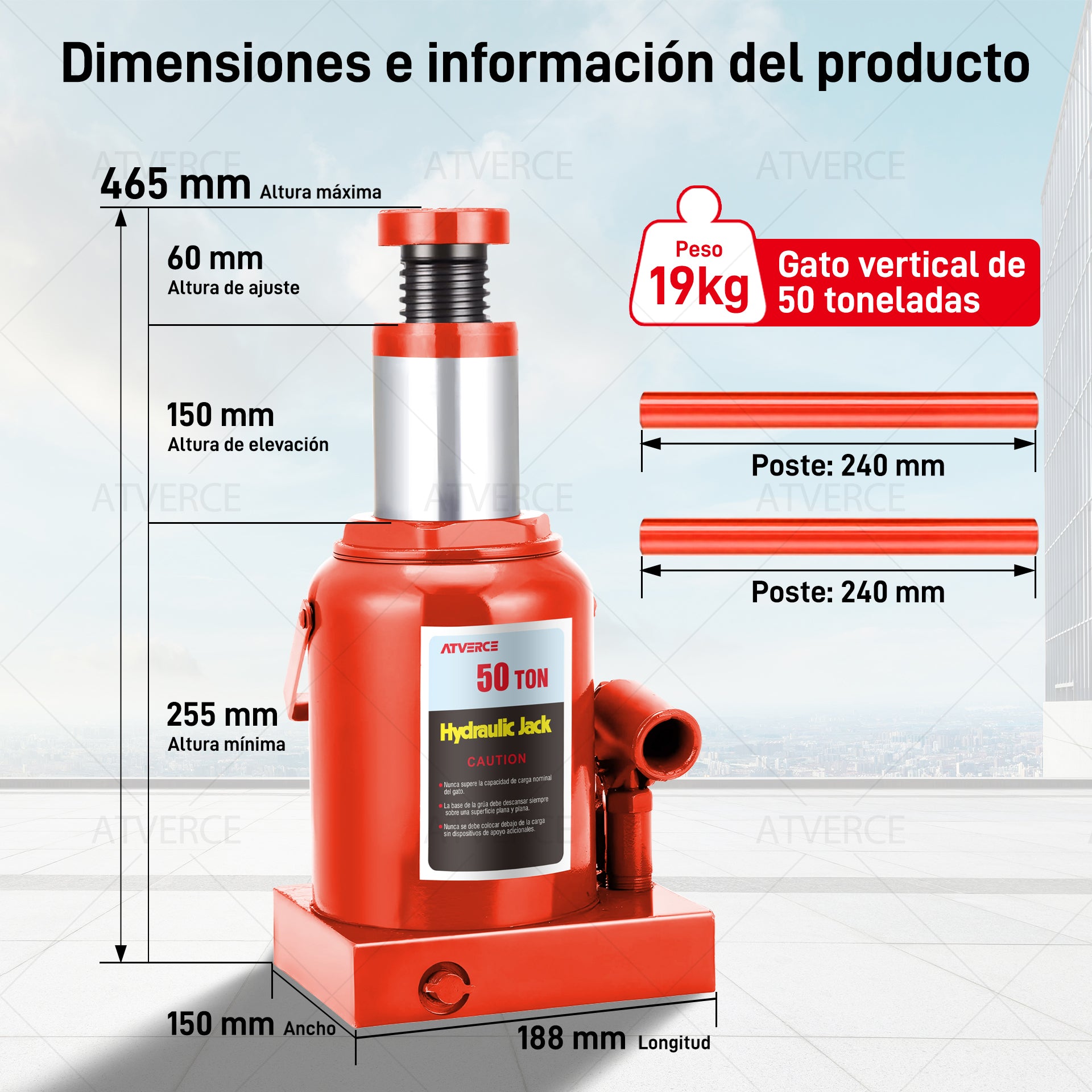 Gato Hidráulico Vertical 50 Toneladas – Elevación 255‑465 mm para Vehículos Pesados