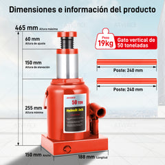 Gato Hidráulico Vertical 50 Toneladas – Elevación 255‑465 mm para Vehículos Pesados