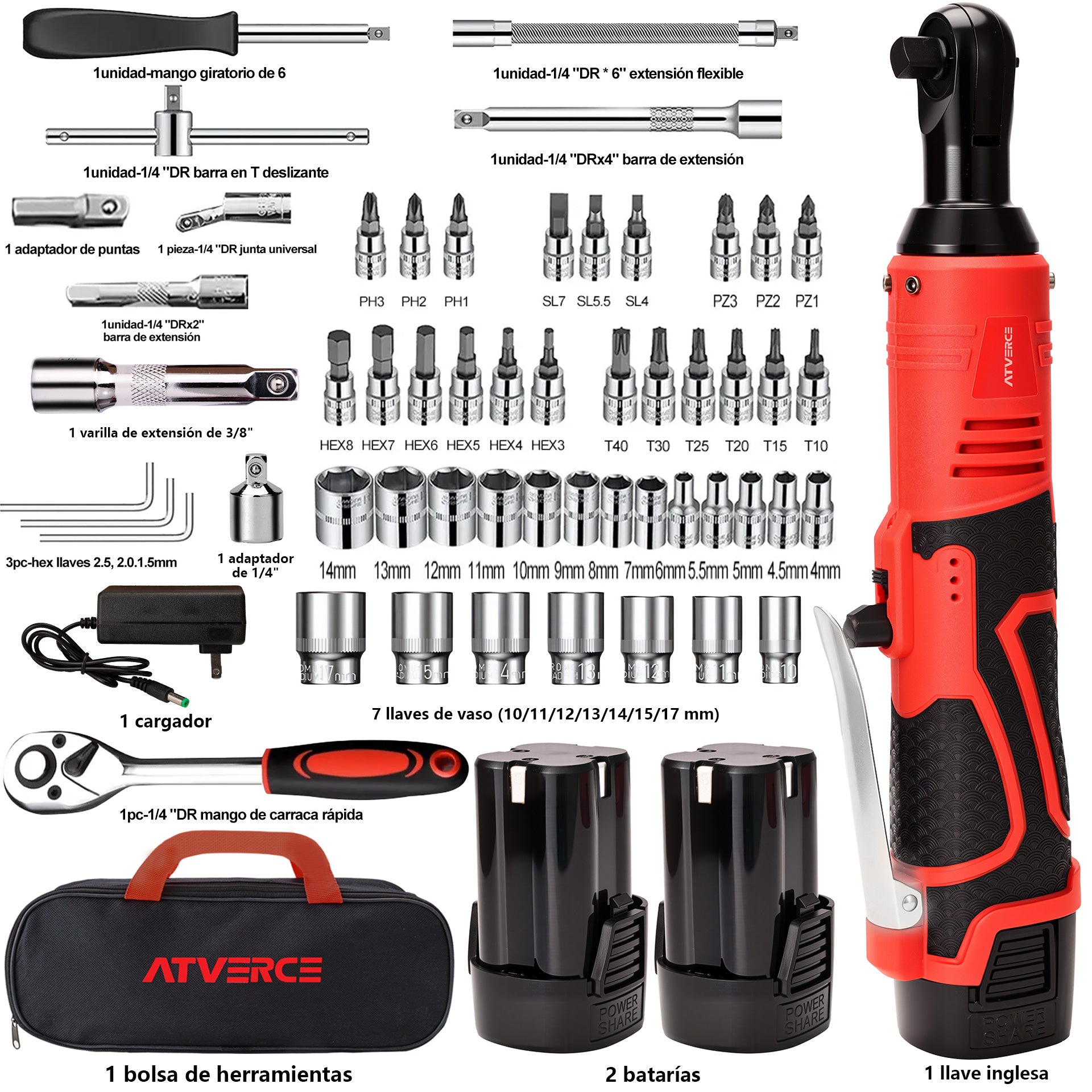 Llave de Impacto Eléctrica 16.8V – 580 RPM, Doble Batería y Juego de Vasos 46 Piezas