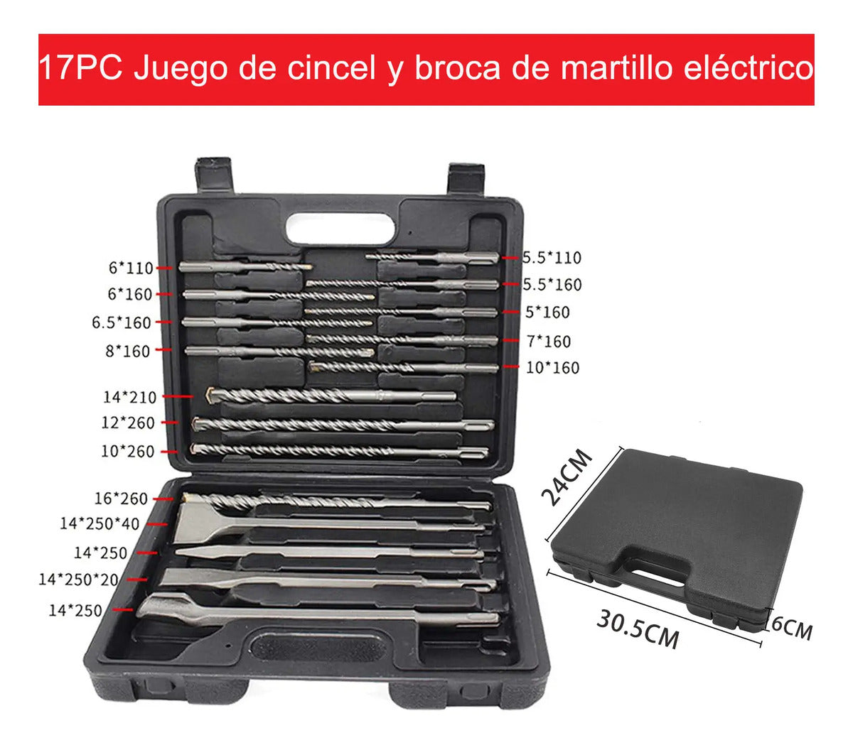 Juego de 17 Brocas SDS-Plus y Cinceles – 40CR+YG8 para Hormigón y Piedra
