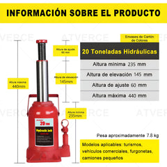 Gato Hidráulico Vertical 20 Toneladas – Elevación 235‑440 mm para Coches y SUV