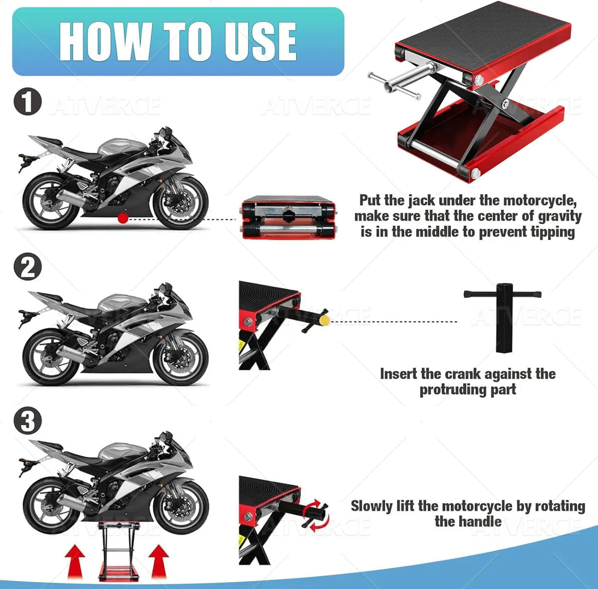 Gato Central para Moto 500 kg – Elevación 9.5‑35 cm con Plataforma Antideslizante