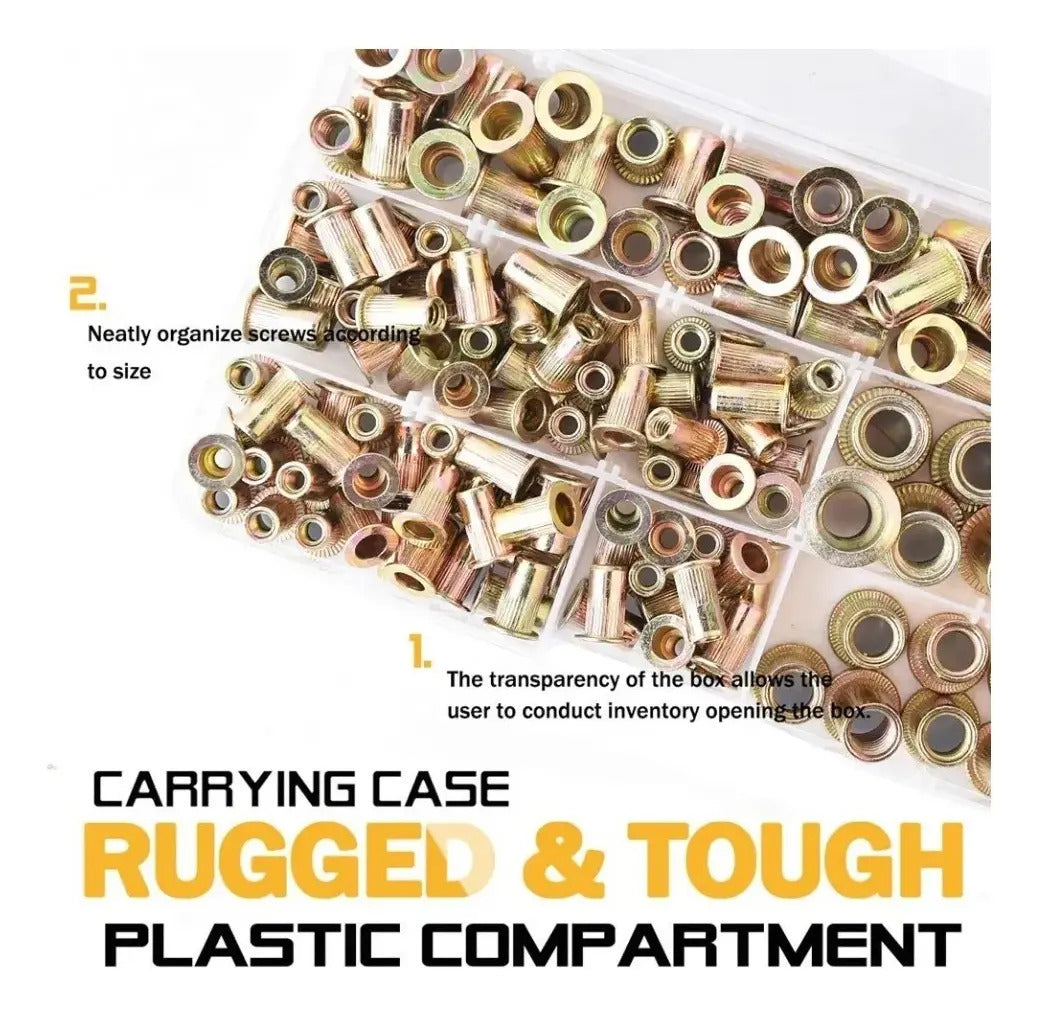 Kit de 300 Tuercas Remachables de Cabeza Plana – Acero Galvanizado M3 a M8