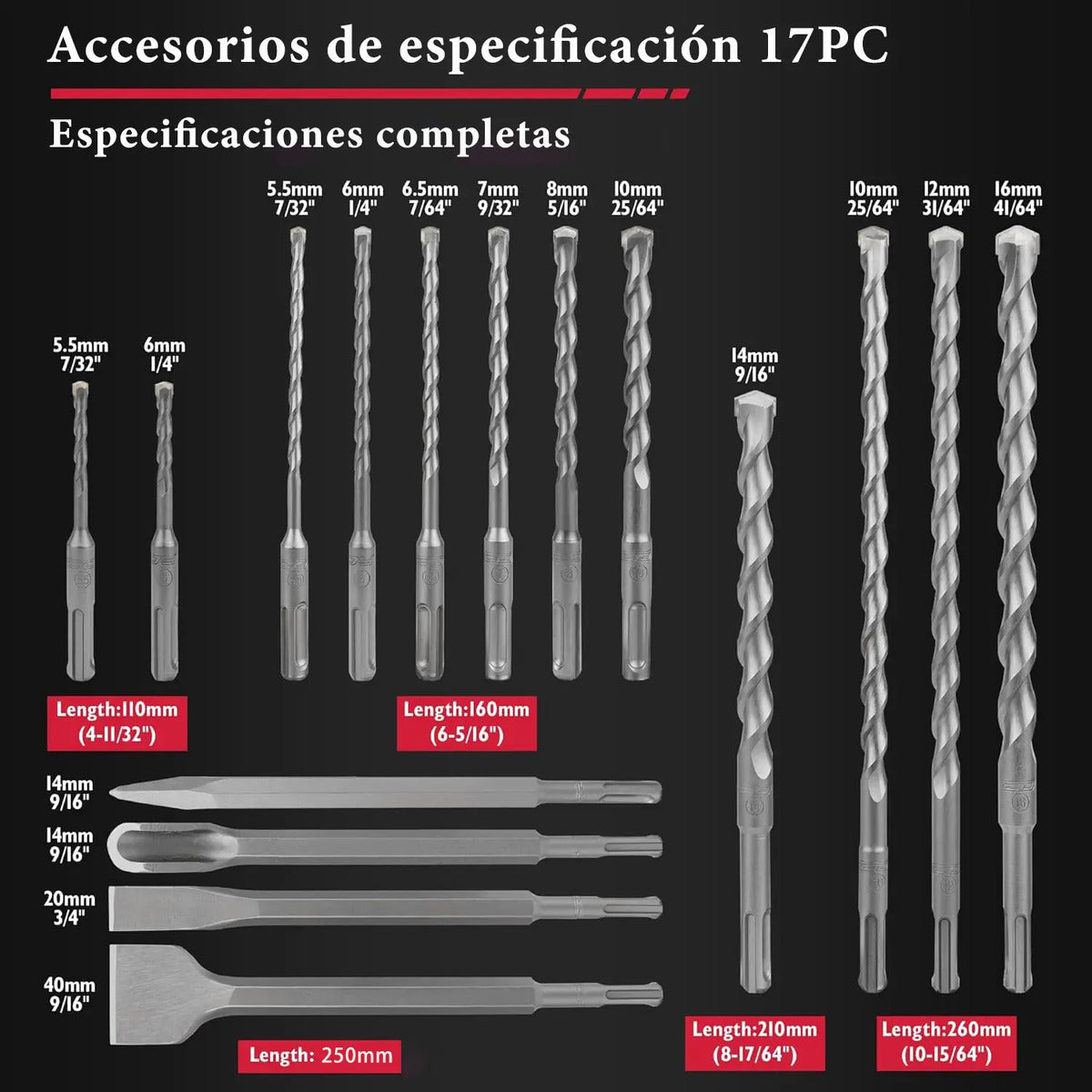 Juego de 17 Brocas SDS-Plus y Cinceles – 40CR+YG8 para Hormigón y Piedra