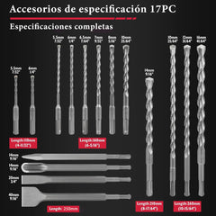 Juego de 17 Brocas SDS-Plus y Cinceles – 40CR+YG8 para Hormigón y Piedra