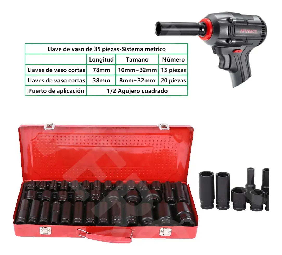 Juego de Dados de Impacto 35 Piezas – 1/2″ CRV para Coche y Moto