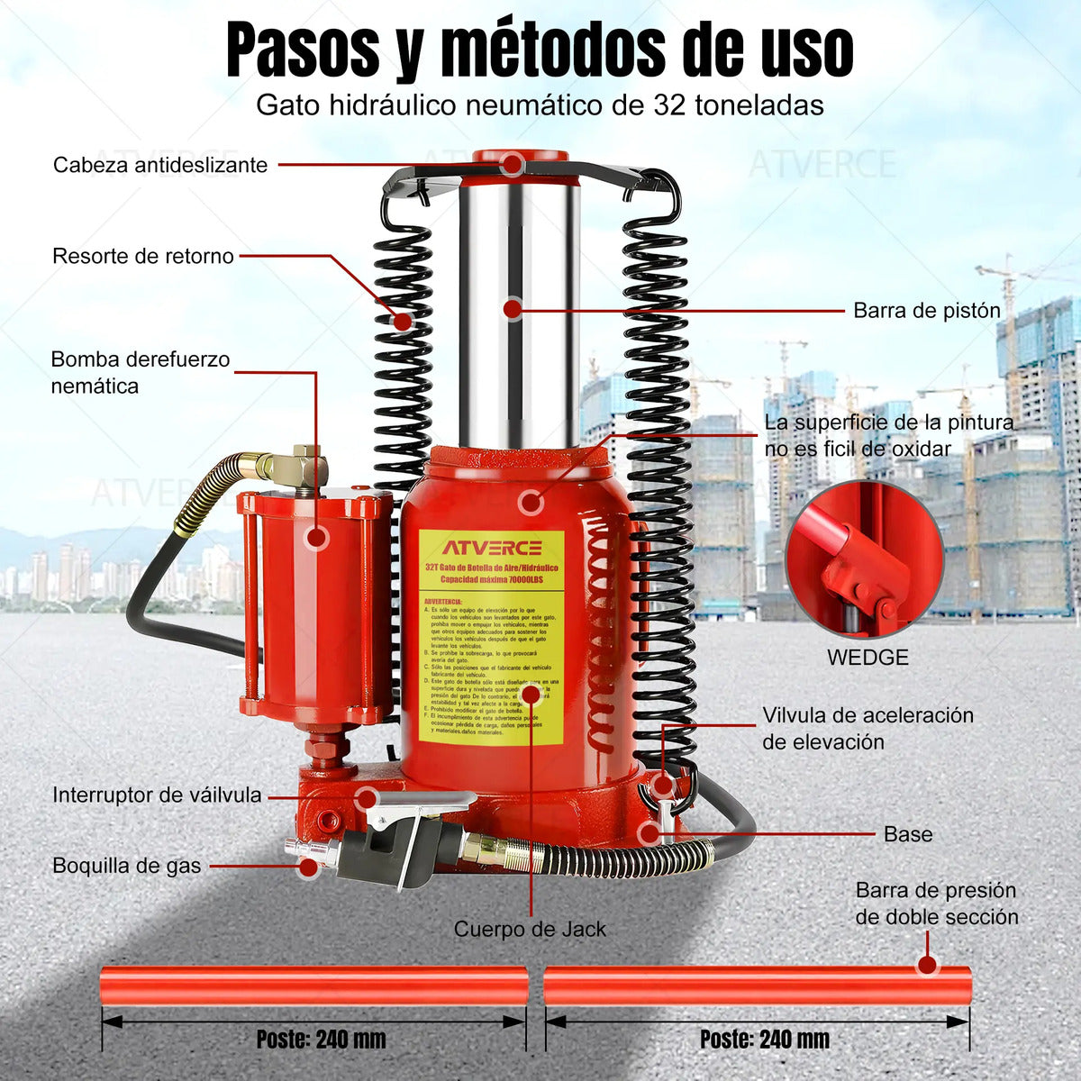 Gato Hidráulico Neumático 32 Toneladas – Modo Aire y Manual con 2 Mangos