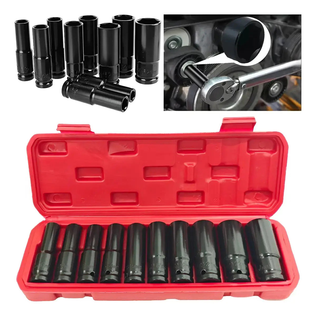 Juego de 10 Dados de Impacto 1/2″ – CRV, 80mm y Estuche