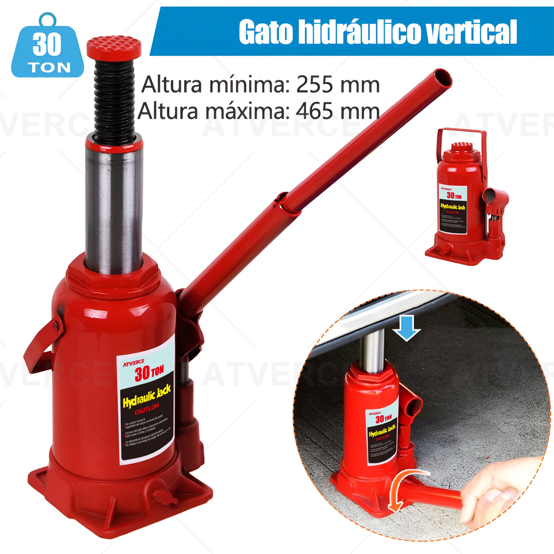 Gato Hidráulico Vertical 30 Toneladas – Elevación 255‑465 mm para Camiones Pesados