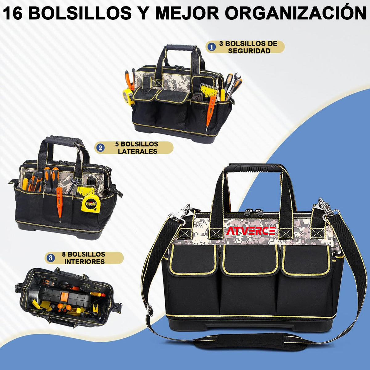Bolsa de Herramientas 17" de Lona Oxford – 16 Bolsillos y Base PP Reforzada