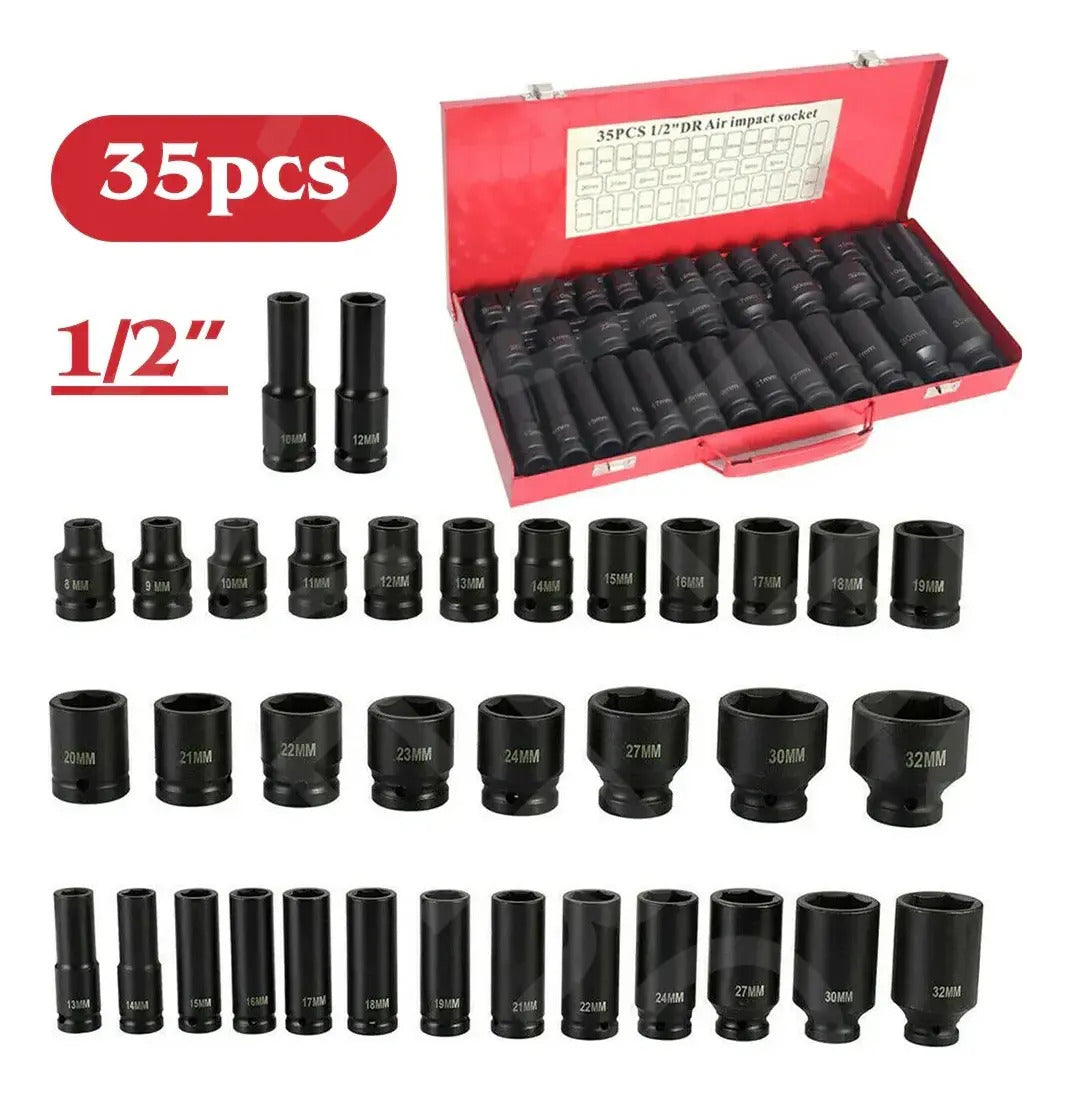 Juego de Dados de Impacto 35 Piezas – 1/2″ CRV para Coche y Moto