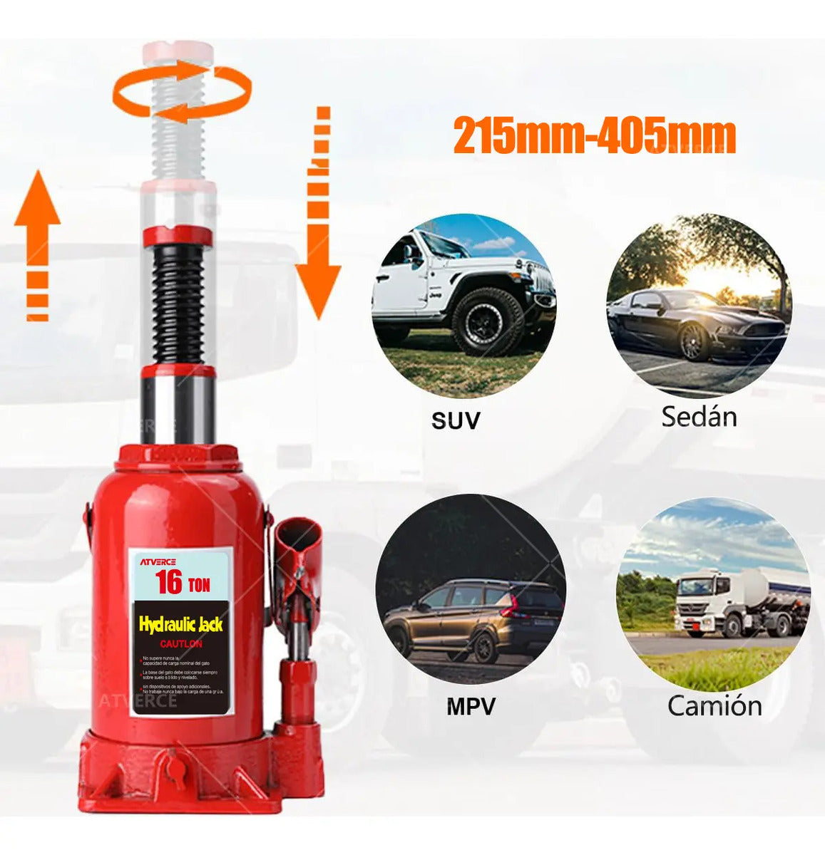 Gato Hidráulico Vertical 16 Toneladas – Elevación 215‑405 mm para Camiones y SUVs
