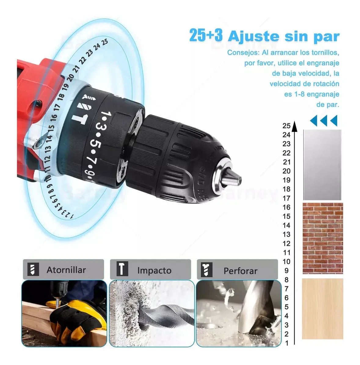 Taladro Percutor Inalámbrico 21V – 3 Modos, 25 Niveles de Par, Kit con Batería y Estuche