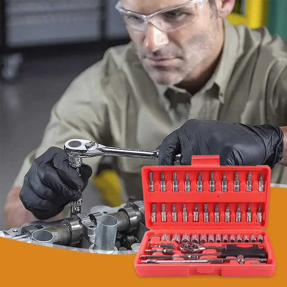 Juego de Herramientas 46 Piezas 1/4" con Carraca | Acero Cr-V Profesional | Kit Mecánico Automotriz Portátil
