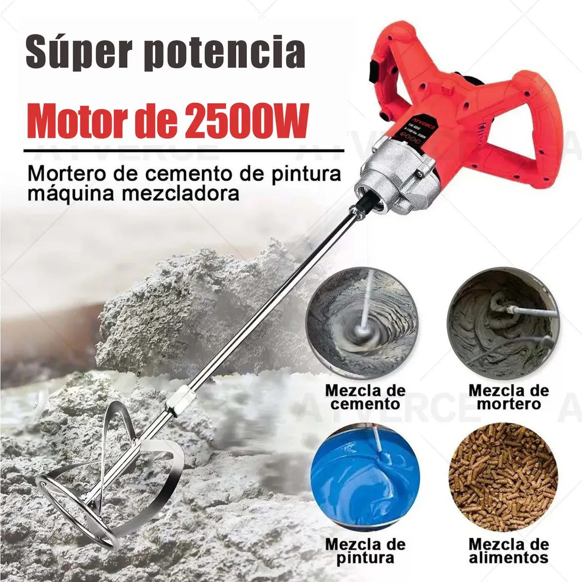Batidora Eléctrica 2500W – 6 Velocidades, 1100 RPM para Cemento y Pintura