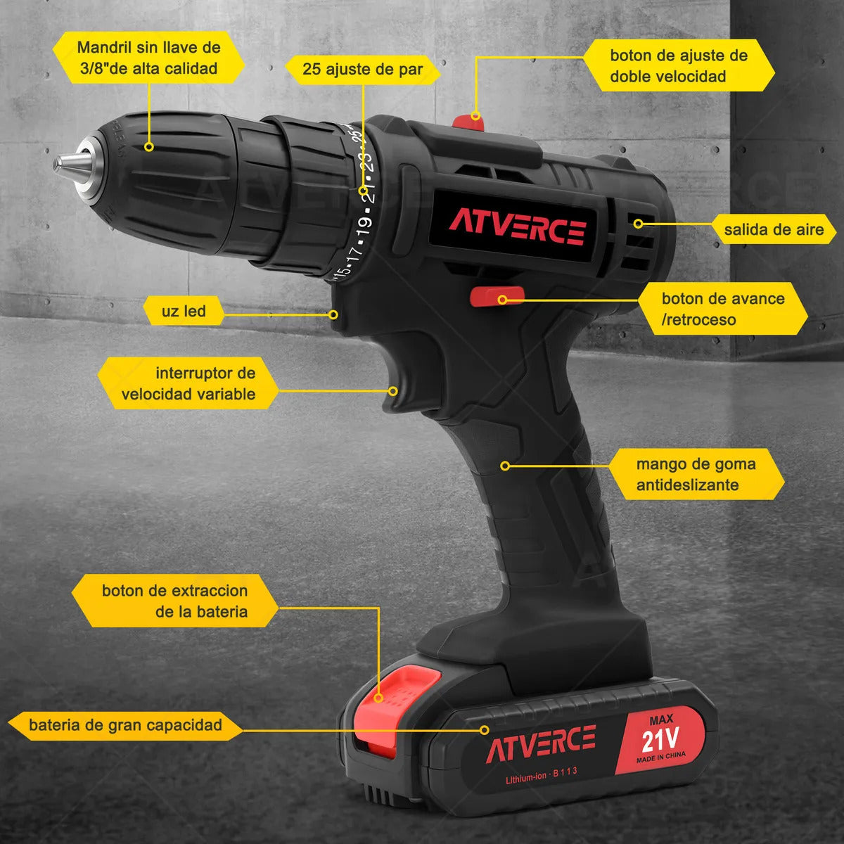 Taladro Eléctrico 21V – Velocidad Variable 0‑1350 RPM con Eje Flexible y Maletín