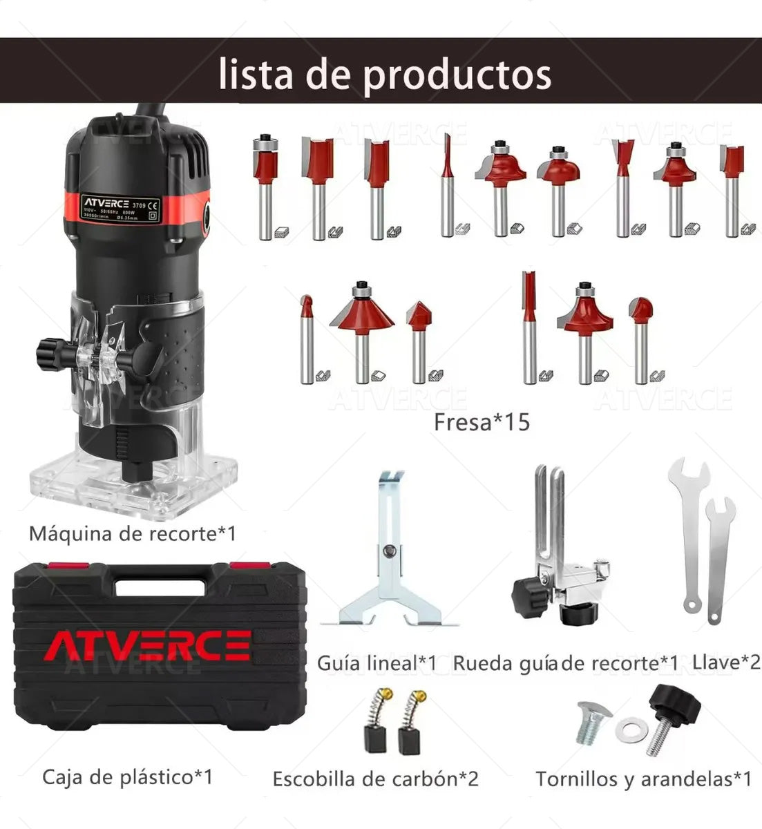 Lijadora/Recortadora 800W – 30000 RPM y 15 Fresas para Madera y PVC