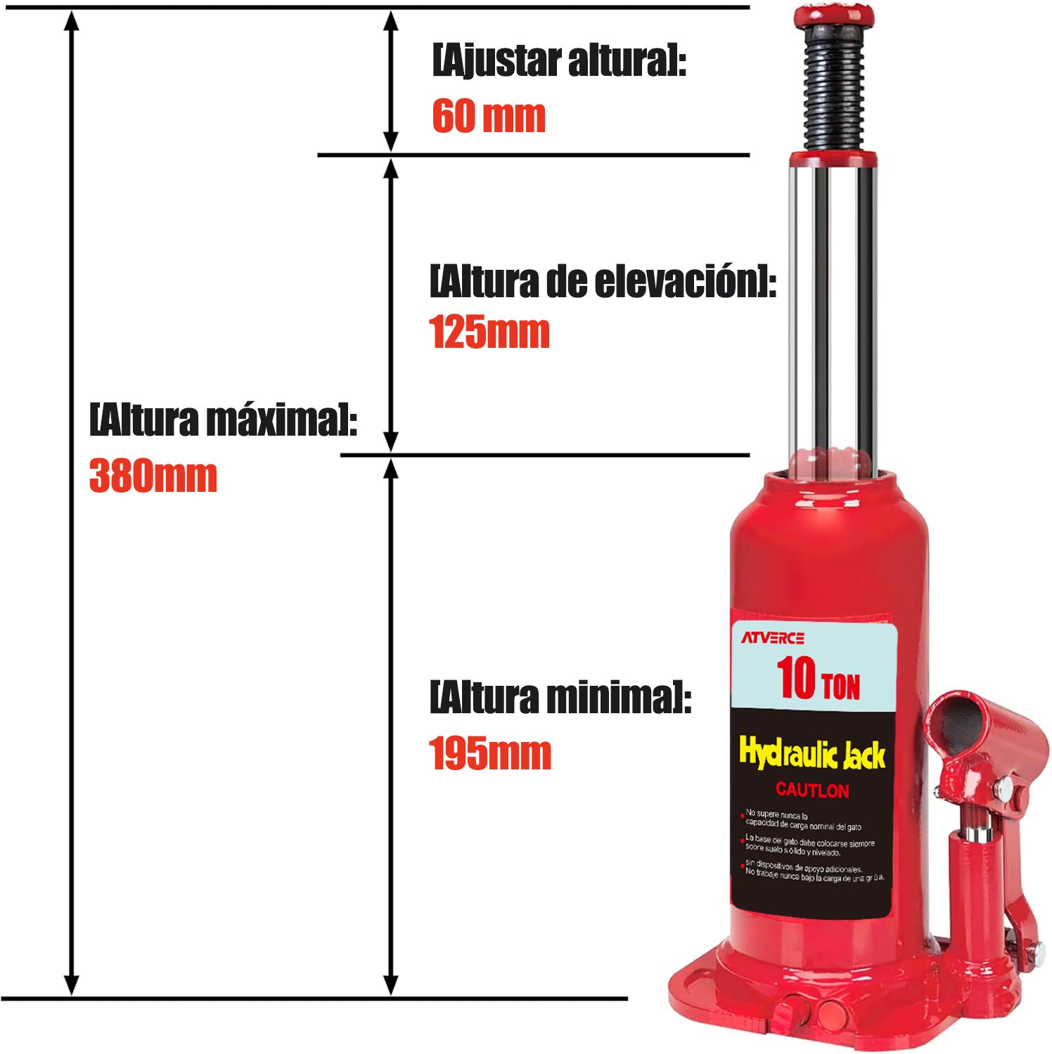 Gato Hidráulico Vertical 10 Toneladas – Elevación 195‑380 mm para Coche y SUV