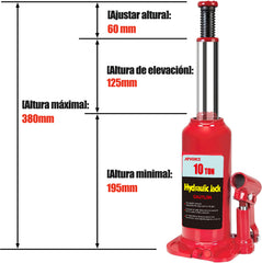 Gato Hidráulico Vertical 10 Toneladas – Elevación 195‑380 mm para Coche y SUV